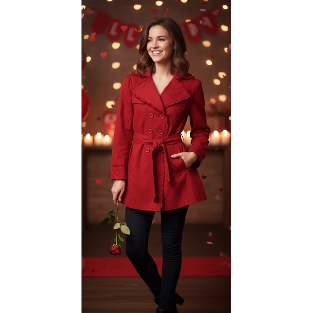 Aziz Women's M Red Double-Breasted Belted Jacket Ruffle Heart Lining Valentines